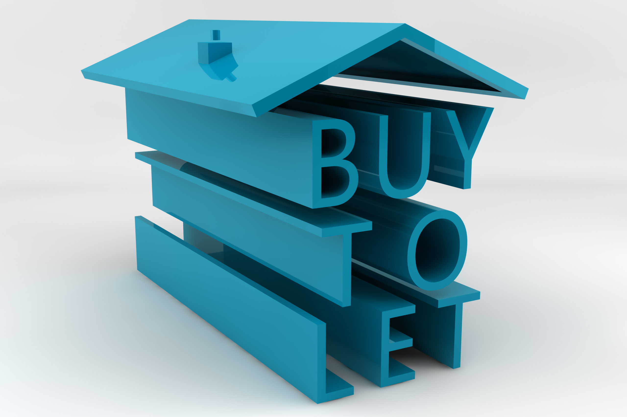 The words buy to let arranged under a roof to form the shape of a house set against a white background