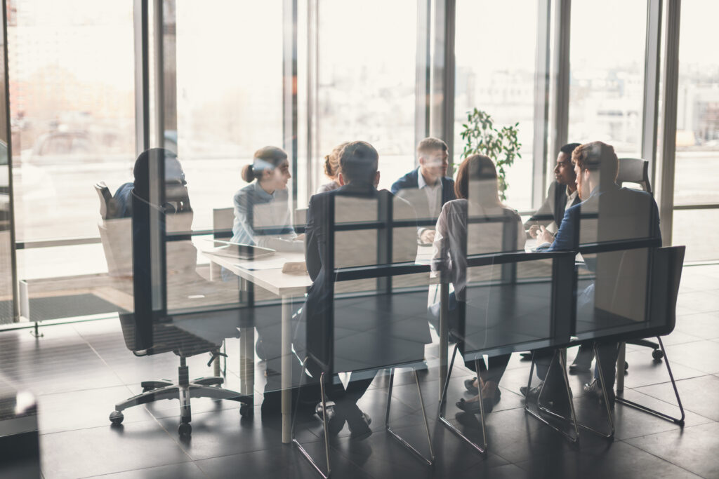 Company board meeting in modern offices